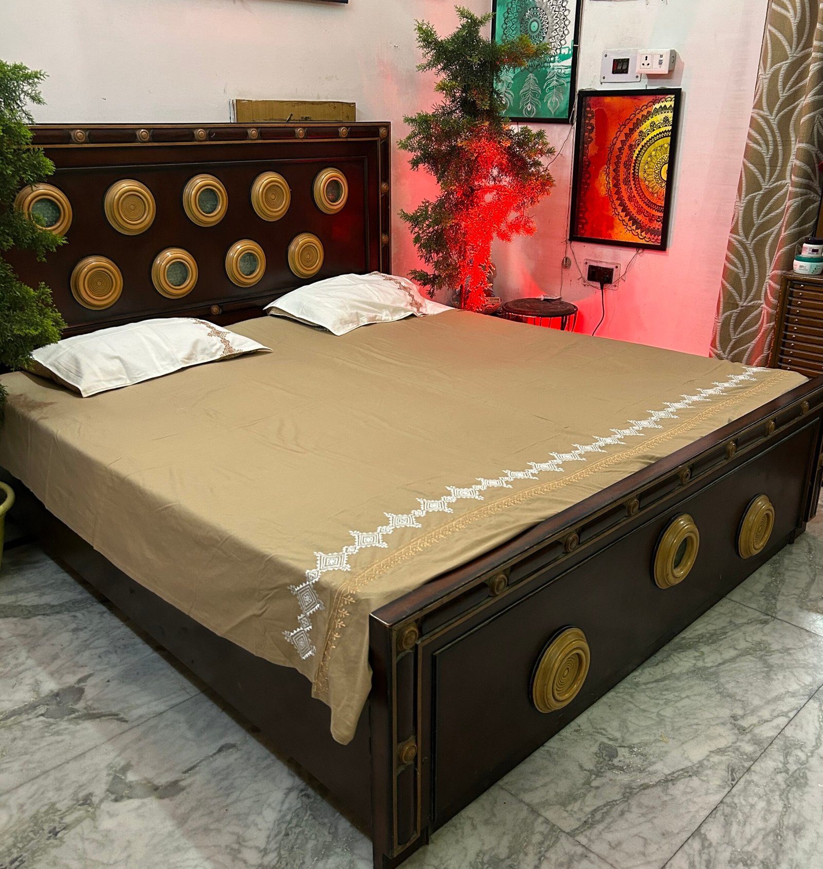 Taupe Elegance Embroidered Cotton Bedsheet Set