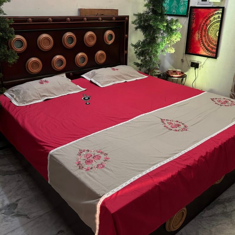 Crimson Blossom Embroidered Bedsheet